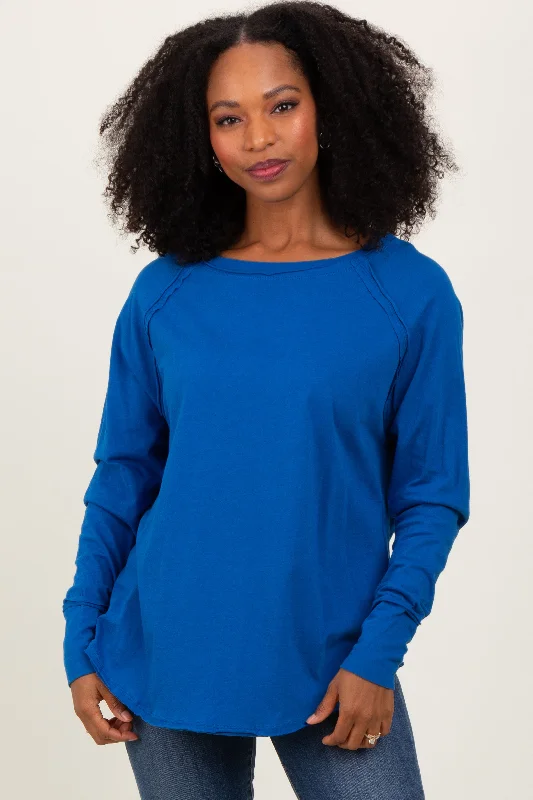 Blue Exposed Seam Thumbhole Long Sleeve Top Traditional Women's Wool