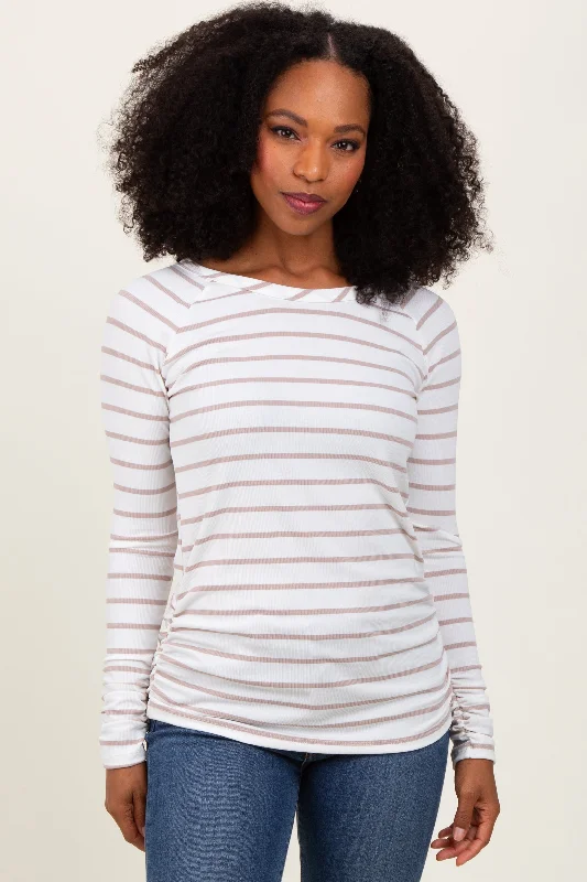 White Striped Ruched Side Long Sleeve Top Practical Women's Quick - dry
