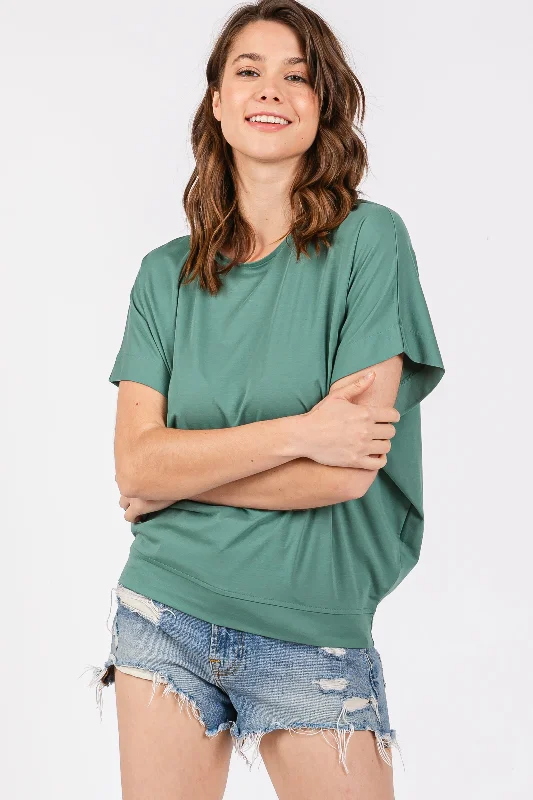 Green Round Neck Dolman Sleeve Top Casual Women's Loose - fitting