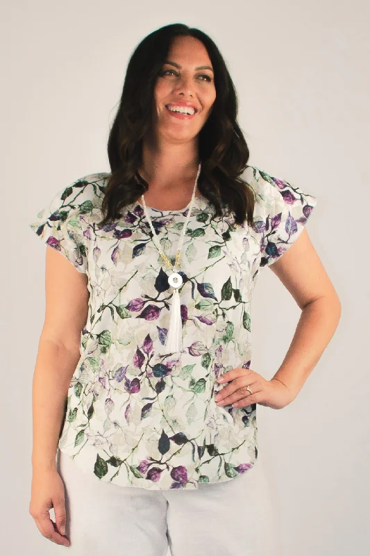 Vine Print Short Sleeve Linen Top Tough Women's Military - inspired