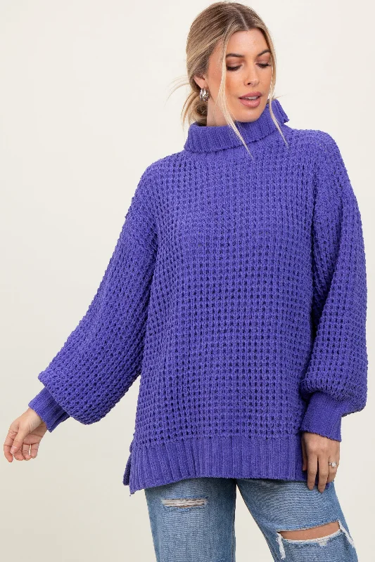 Periwinkle Chunky Waffle Knit Turtleneck Sweater Adventure