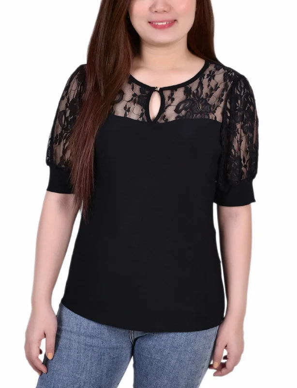 Short Sleeve Lace Yoke and Sleeve Top Vacation