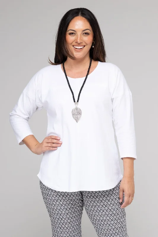 White Feature Stitched Cotton Herringbone Knit 3/4 Sleeve Top Preppy Women's College