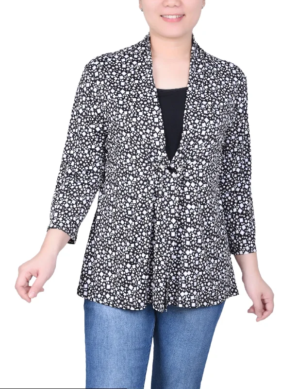Petite Puff Print 3/4 Sleeve Two-Fer Top Preppy Women's College
