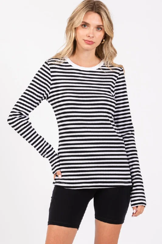 Black Striped Long Sleeve Ribbed Top Youthful Women's Pop