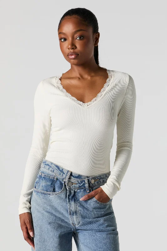 Seamless Ribbed Lace Trim Long Sleeve Bodysuit Monochromatic Office Style