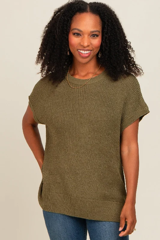 Light Olive Dolman Short Sleeve Side Slit Sweater Top Practical Women's Quick - dry