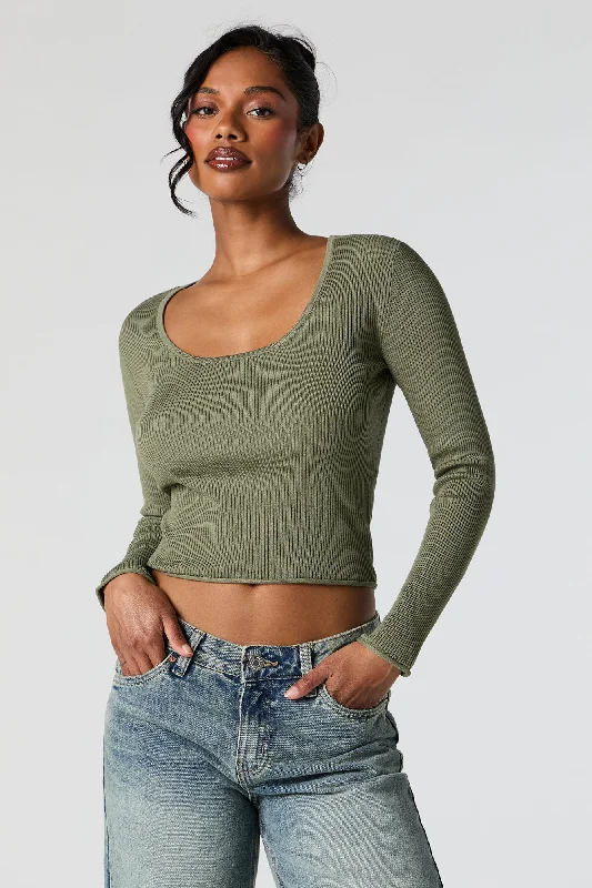 Ribbed Knit Scoop Neck Skimmer Sweater Cool Women's Distressed