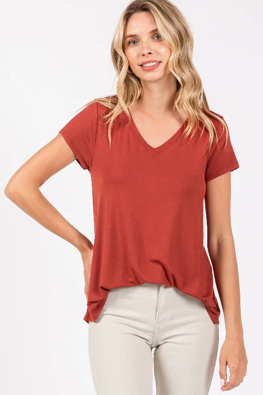 Rust Basic V-Neck Short Sleeve Top Geometric