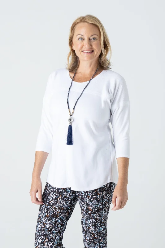 White Feature Stitched Poly/Cotton 3/4 Sleeve Top Laid - back Women's Vibe