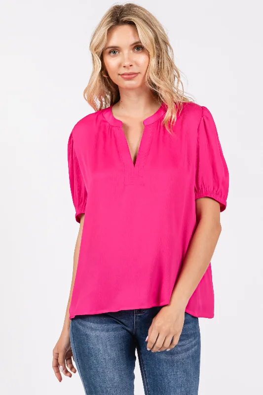 Fuchsia V-Neck Puff Sleeve Blouse British Gentlewoman Style