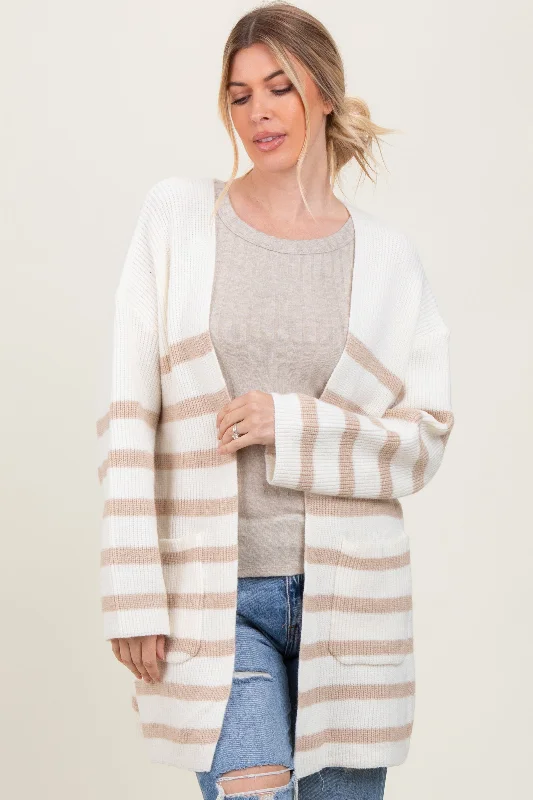 Ivory Beige Knit Striped Long Cardigan Vacation