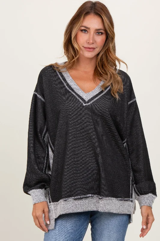 Black Contrast French Terry Long Sleeve Top Trendy Women's Oversized
