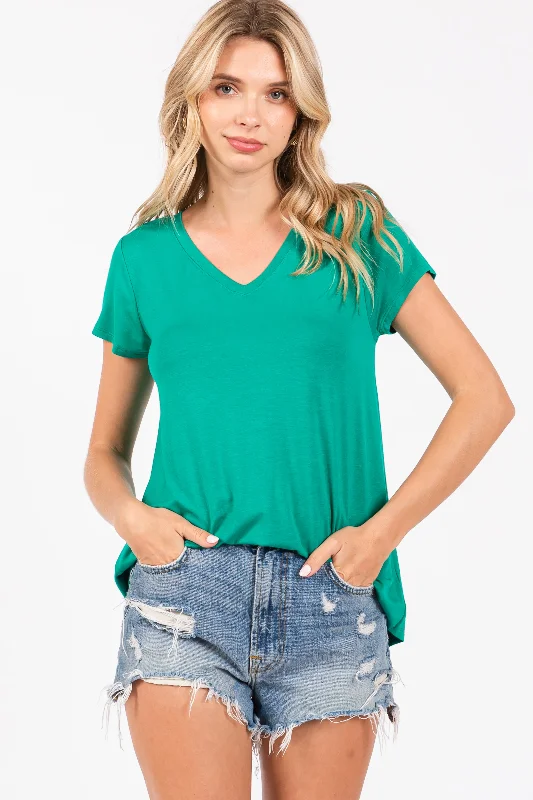 Green Basic V-Neck Short Sleeve Top Preppy Women's College