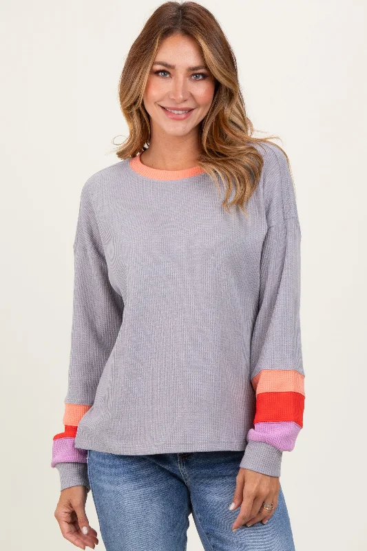 Heather Grey Waffle Knit Colorblock Long Sleeve Top Refined Women's 