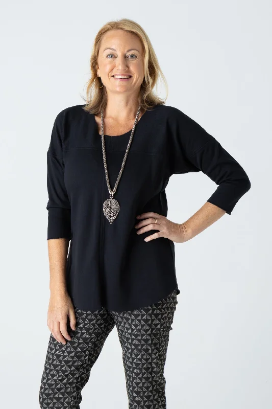 Black Feature Stitched Poly/Cotton 3/4 Sleeve Top Hip Women's Urban