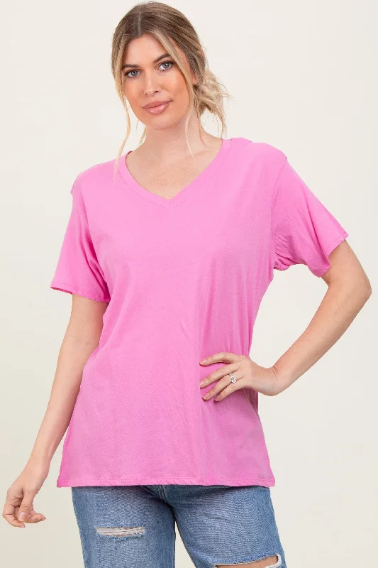 Pink Oversized V-Neck Short Sleeve Tee Feminine Women's Soft 