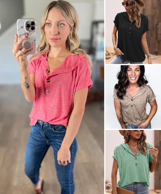 Short Sleeve Hoodie w/Buttons Sophisticated Women's 