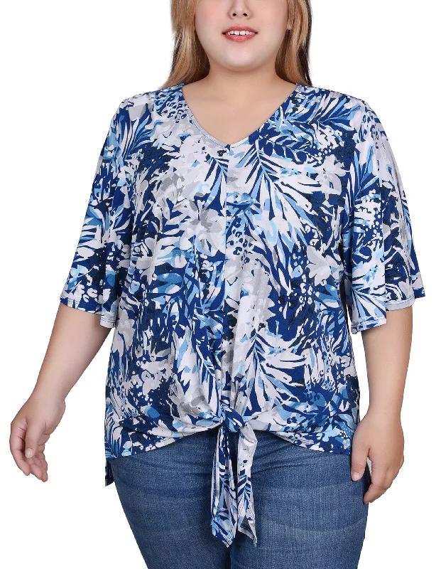 Plus Size Elbow Sleeve Tie-Front Top Edgy Women's Punk