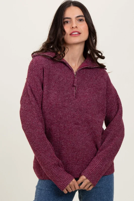 Burgundy Half Zip Pullover Sweater Modern Women's Tech