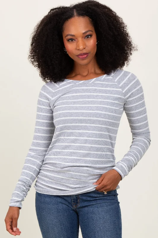 Grey Striped Ruched Side Long Sleeve Top Geometric