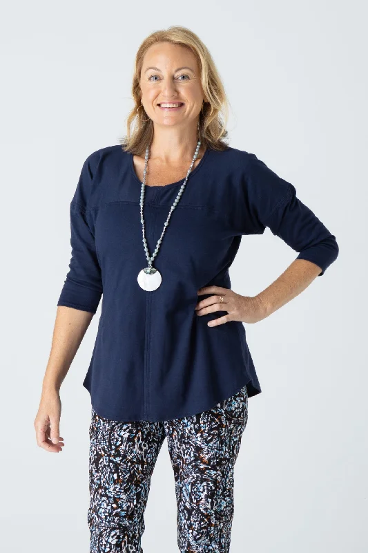 Navy Feature Stitched Poly/Cotton 3/4 Sleeve Top Stylish Women's Neon