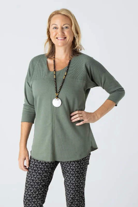 Khaki Feature Stitched Poly/Cotton 3/4 Sleeve Top Artistic Women's Avant - 