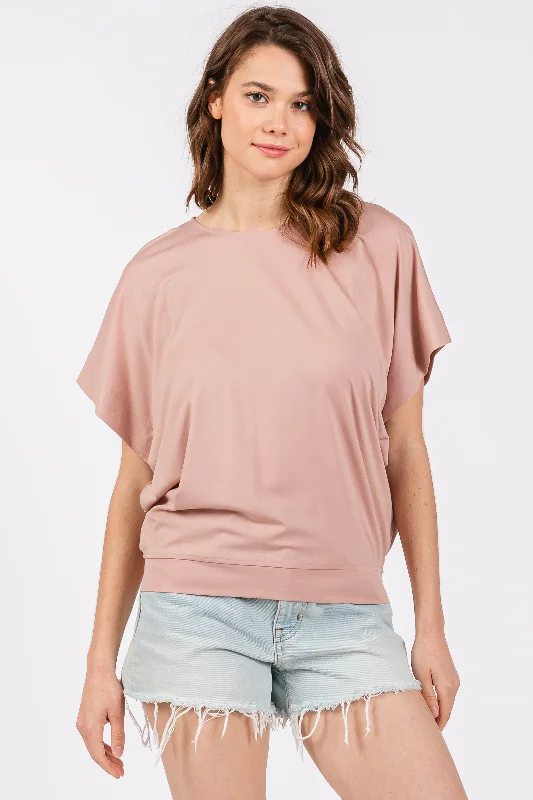 Light Pink Round Neck Dolman Sleeve Top Sleek Women's Metallic
