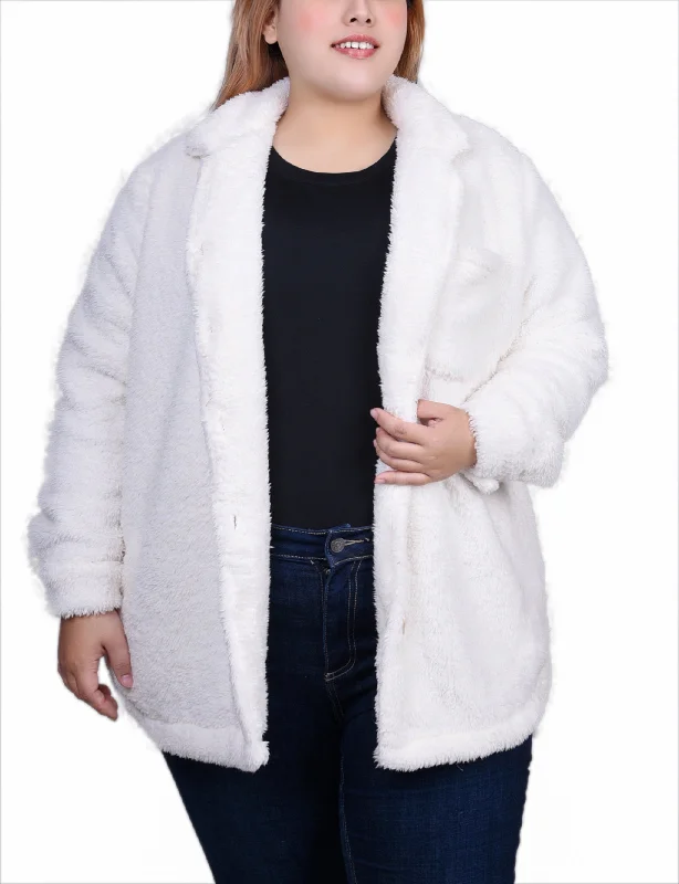 Plus Size Long Sleeve Button Front Sherpa Jacket Laid - back Women's Vibe