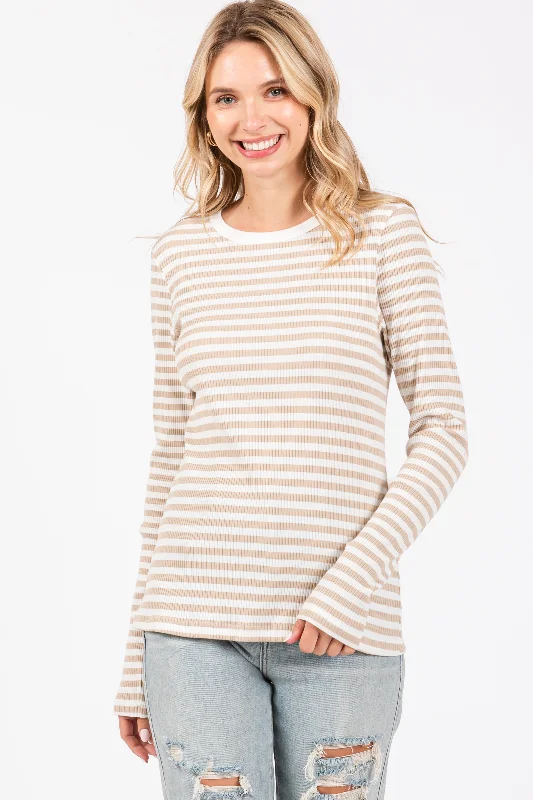 Beige Striped Long Sleeve Ribbed Top Hip Women's Urban