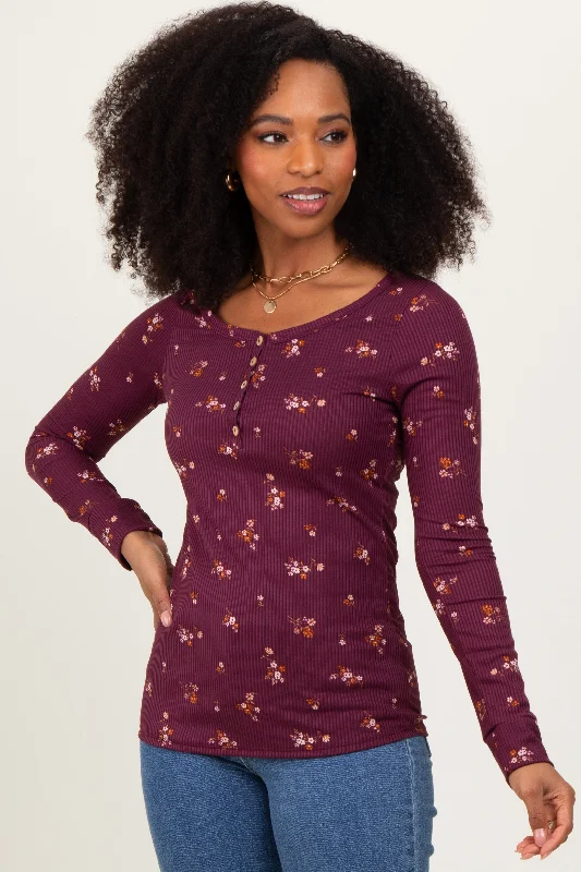 Plum Floral Henley Long Sleeve Top Sporty Women's Athleisure 