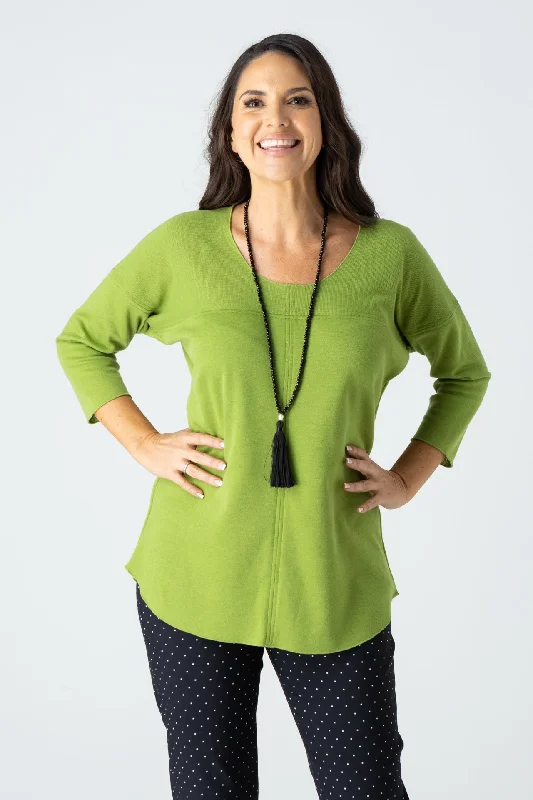 Lime Feature Stitched Poly/Cotton 3/4 Sleeve Top Modern Women's 