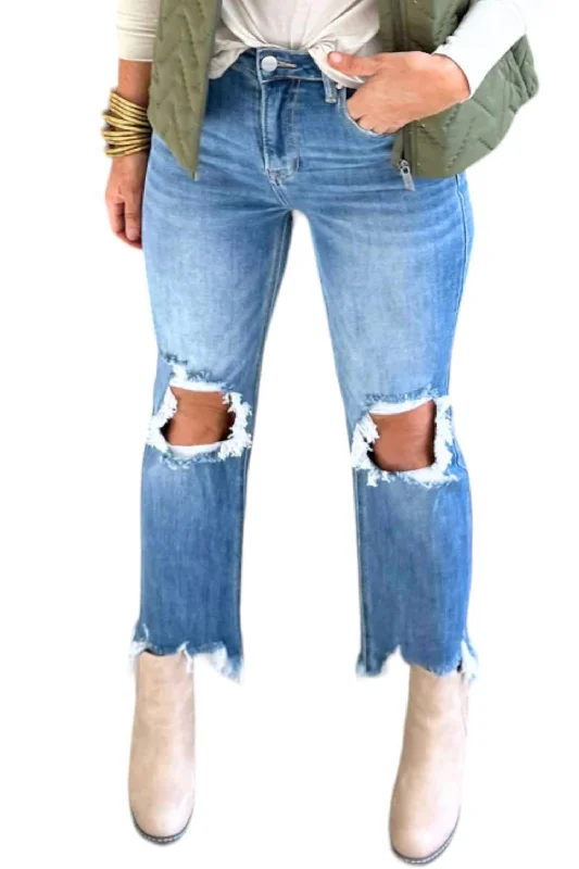 High Rise Distressed Knee Crop Jeans In Medium Wash