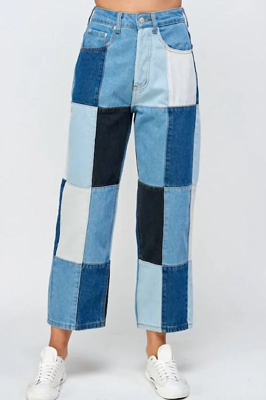 Patchwork Straight Jeans In Mixed Blue Denim