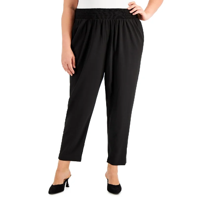 Calvin Klein Womens Plus Smocked Pull On Straight Leg Pants