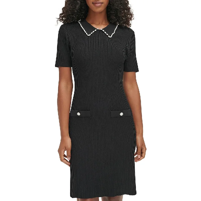 Karl Lagerfeld Paris Womens Ribbed Knit Beaded Sweaterdress