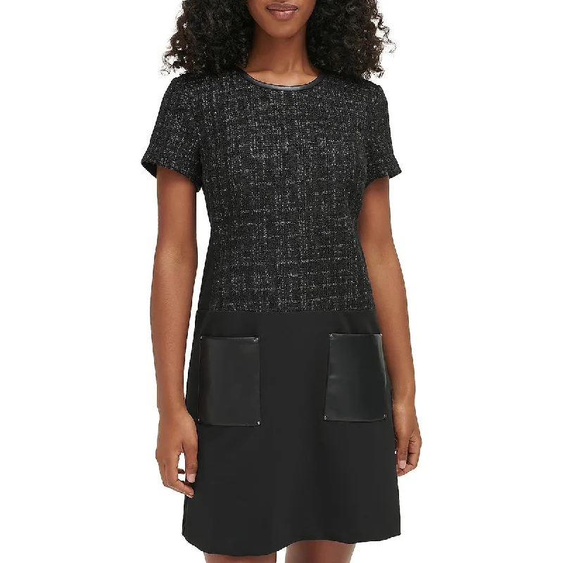 Karl Lagerfeld Paris Womens Tweed Faux Leather Trim Wear To Work Dress