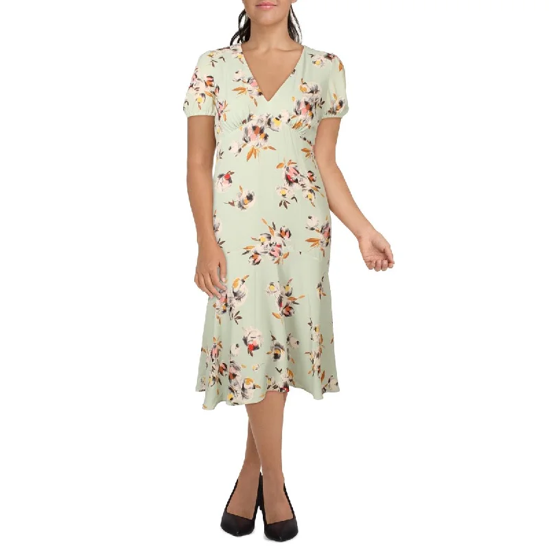 Lauren Ralph Lauren Womens Puff Sleeve V Neck Midi Dress Modern Women's Tech