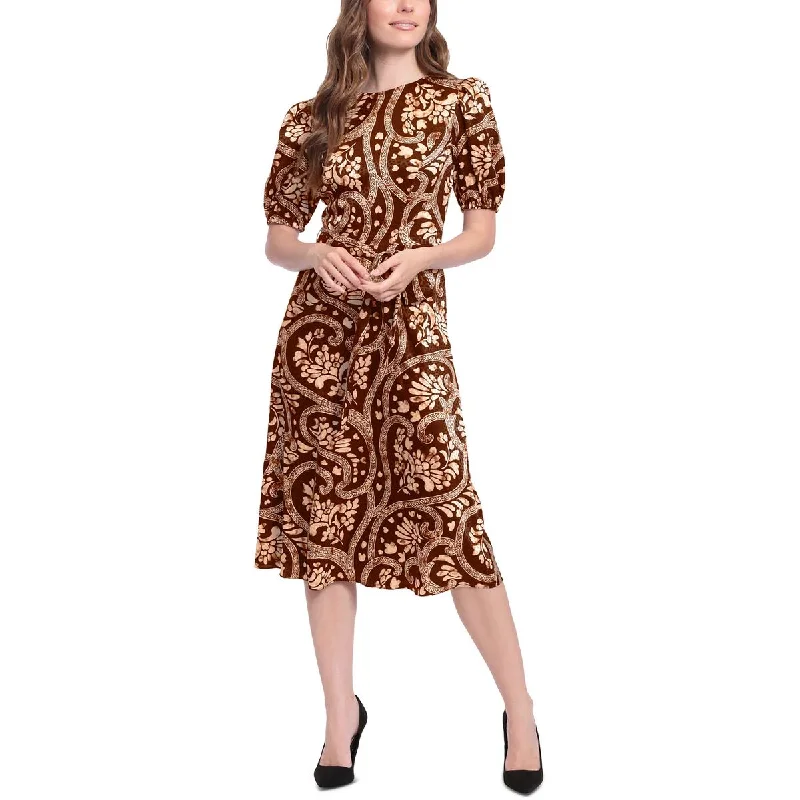 London Times Womens Petites Puff Sleeve Printed Midi Dress