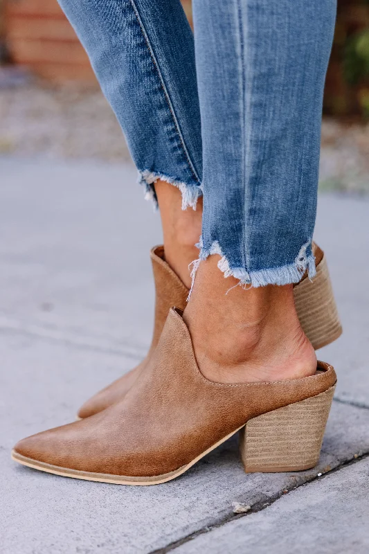 Feeling Fab Taupe Brown Heeled Mules