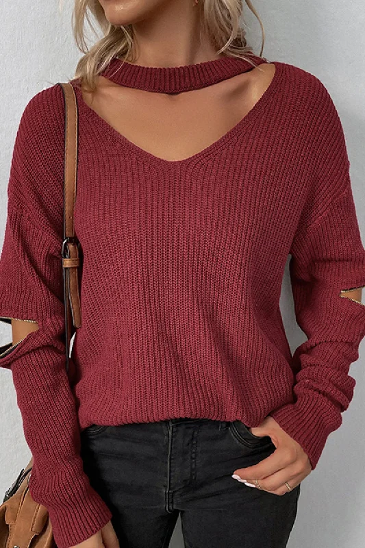 WOMEN ZIPPER CUT OUT SLEEVE LOOSE NECK SWEATER