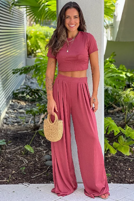 Dark Rose Crop Top And Pants Set