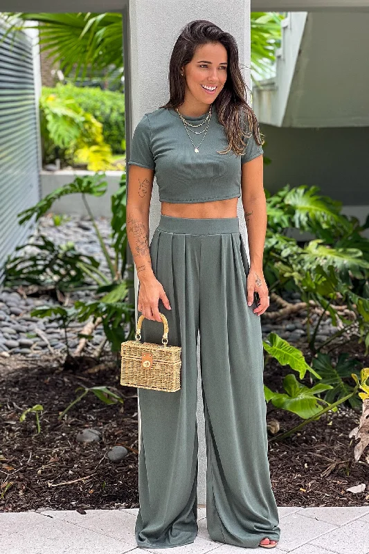 Forest Green Crop Top And Pants Set