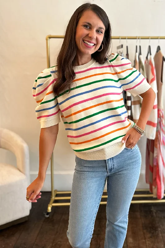 Multi Color Stripe Puff Shoulder Top