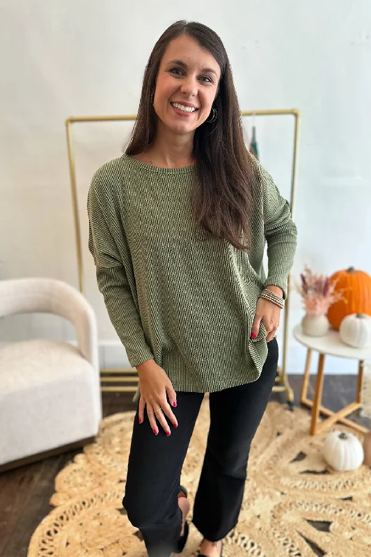 Ribbed Dolman Long Sleeve Top Green