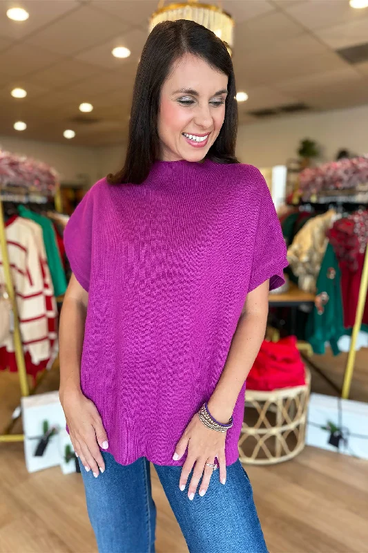 Ribbed SS Mock Neck Knit Magenta