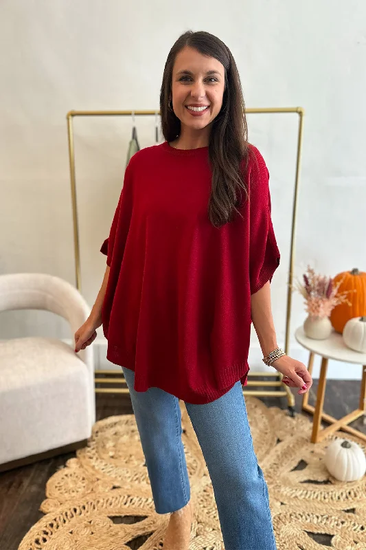 Solid Dolman SS Knit Top Wine