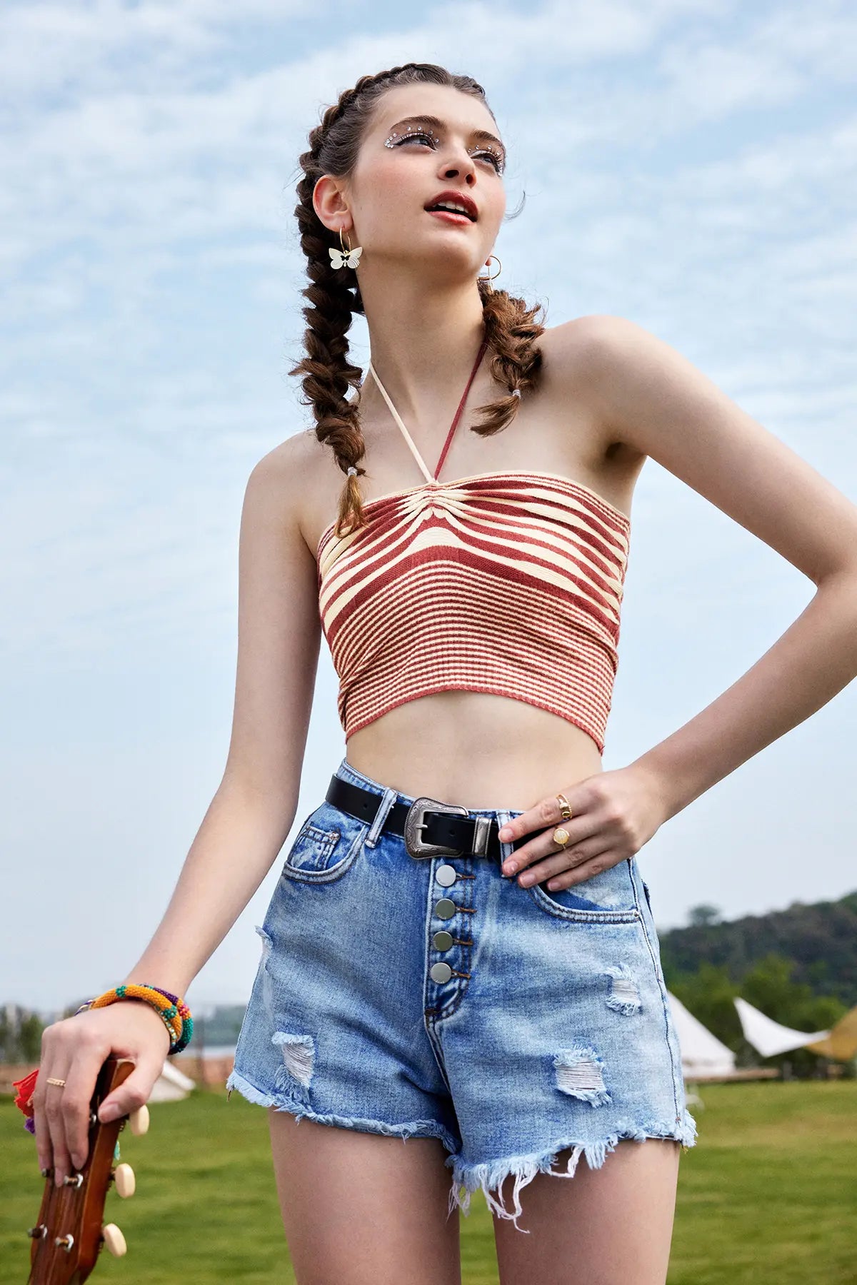 Striped Halter Ruched Crop Top